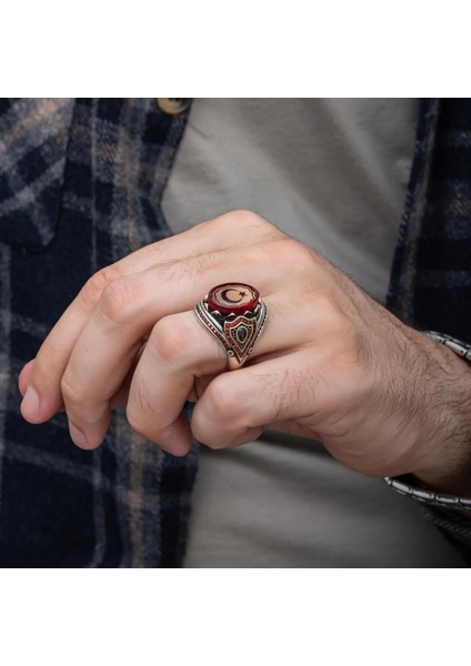 Ayyıldız Kırmızı Taşlı 925 Gümüş Erkek Yüzük indirimleri