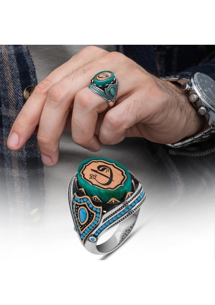 Elif Vav Harfli Mavi Taşlı 925 Gümüş Erkek Yüzük