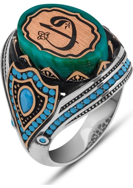 Elif Vav Harfli Mavi Taşlı 925 Gümüş Erkek Yüzük fiyatları