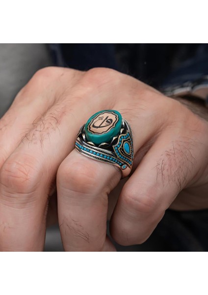 Elif Vav Harfli Mavi Taşlı 925 Gümüş Erkek Yüzük modelleri