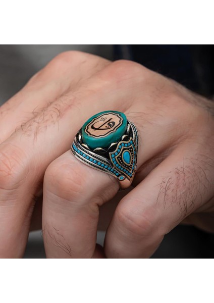 Elif Vav Harfli Mavi Taşlı 925 Gümüş Erkek Yüzük fırsatları