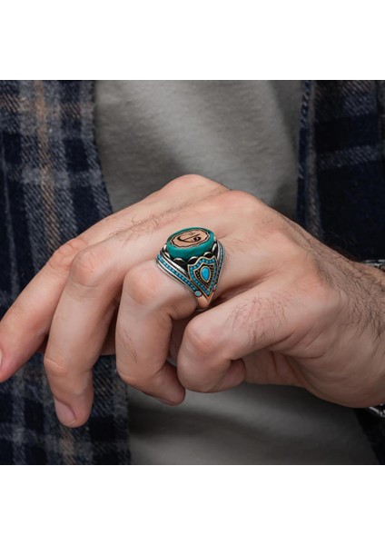 Elif Vav Harfli Mavi Taşlı 925 Gümüş Erkek Yüzük indirimleri