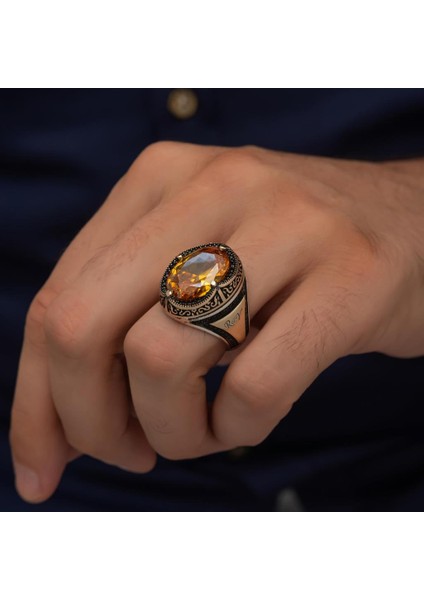 Oval Sarı Sitrin Taşlı Harfli 925 Gümüş Erkek Yüzük