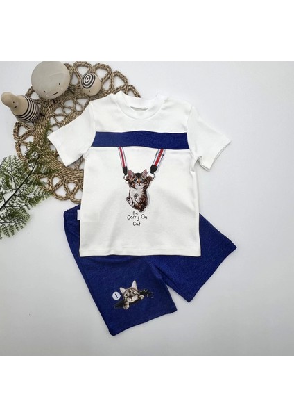 bbyx 1-2-3 Yaş Fermuarlı Kedi Baskılı Şortlu Kısa Kollu Tişört 2li Erkek Bebek Takımı