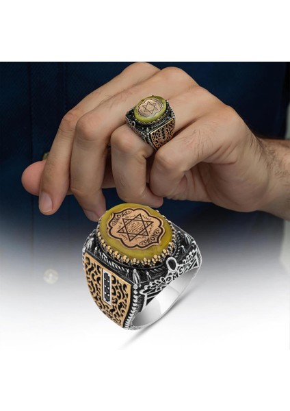 Süleyman Mührü Sarı Taşlı 925 Gümüş Erkek Yüzük