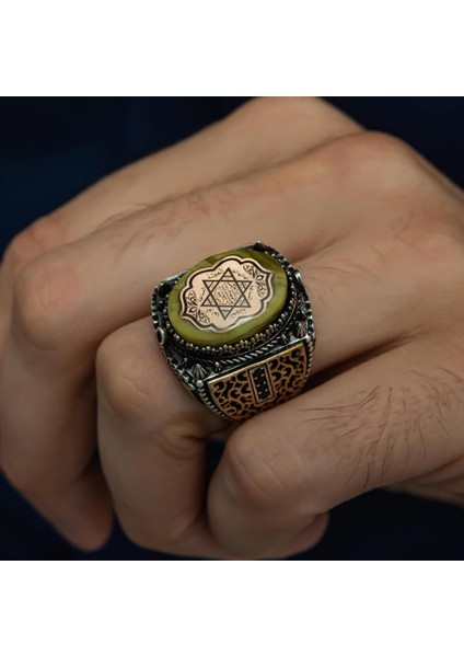 Süleyman Mührü Sarı Taşlı 925 Gümüş Erkek Yüzük modelleri
