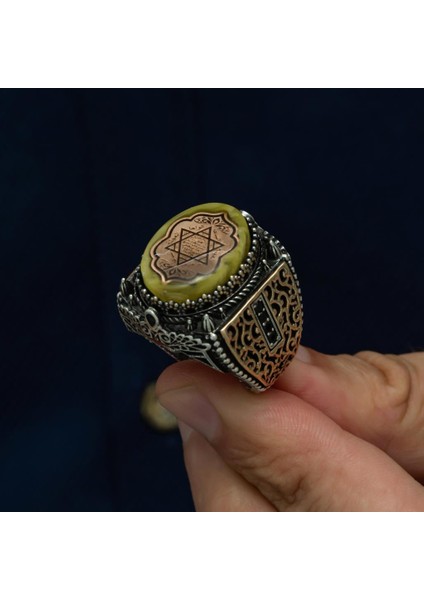 Süleyman Mührü Sarı Taşlı 925 Gümüş Erkek Yüzük fırsatları
