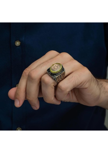 Süleyman Mührü Sarı Taşlı 925 Gümüş Erkek Yüzük indirimleri