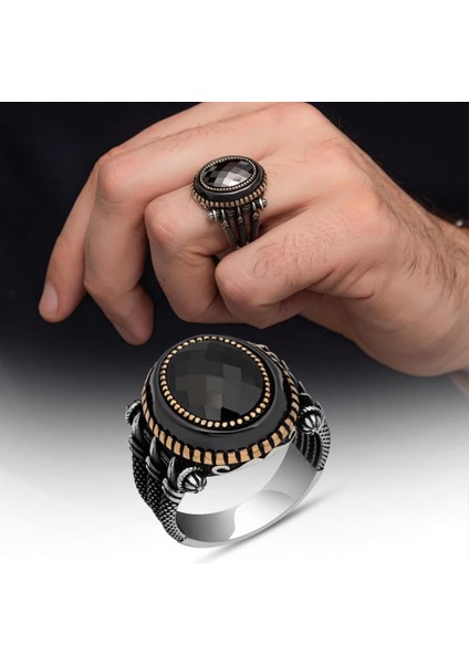 Siyah Taşlı Pençe Motifli 925 Gümüş Erkek Yüzük