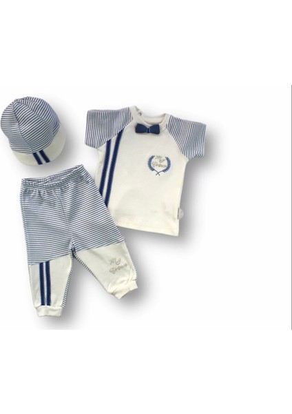 bbyx 3-6 6-9 9-12 Ay My Prince Nakışlı Şapkalı Kısa Kollu Sweatli 3lü Erkek Bebek Takımı