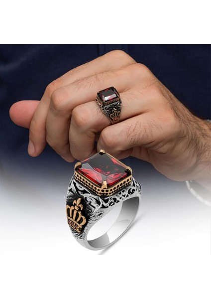 Kırmızı Taşlı Kral Tacı Motifli 925 Gümüş Erkek Yüzük