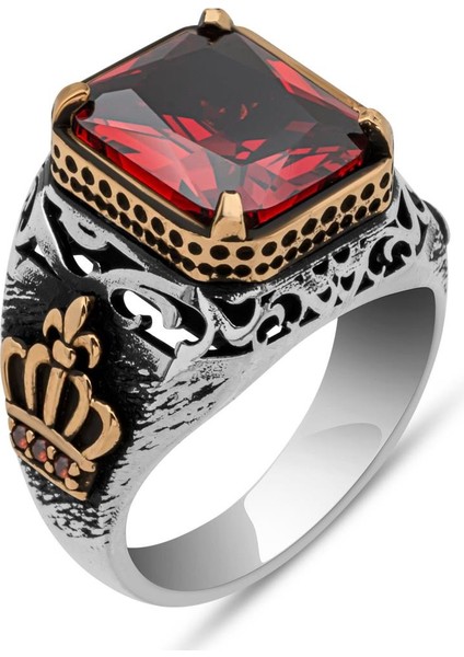 Kırmızı Taşlı Kral Tacı Motifli 925 Gümüş Erkek Yüzük fiyatları