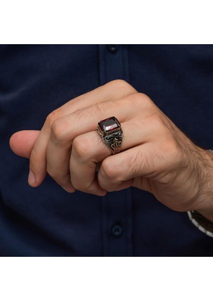 Kırmızı Taşlı Kral Tacı Motifli 925 Gümüş Erkek Yüzük fırsatları