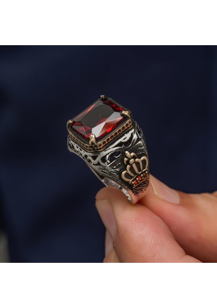 Kırmızı Taşlı Kral Tacı Motifli 925 Gümüş Erkek Yüzük indirimleri