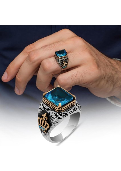 Aqua Mavi Taşlı Kral Tacı Motifli 925 Gümüş Yüzük