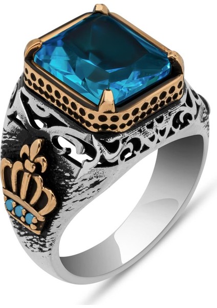 Aqua Mavi Taşlı Kral Tacı Motifli 925 Gümüş Yüzük fiyatları
