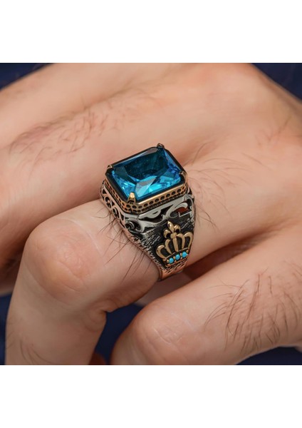 Aqua Mavi Taşlı Kral Tacı Motifli 925 Gümüş Yüzük modelleri