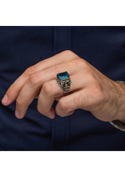 Aqua Mavi Taşlı Kral Tacı Motifli 925 Gümüş Yüzük fırsatları