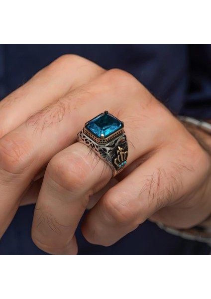 Aqua Mavi Taşlı Kral Tacı Motifli 925 Gümüş Yüzük indirimleri