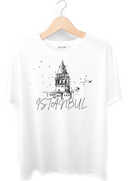 Felix Dies Beyaz Oversize Kalıp Istanbul Baskılı Unisex T-Shirt