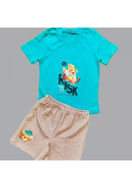 bbyx 1-2-3 Yaş Kaykaycı Ayı Baskılı Şortlu Kısa Kollu Tişört 2li Erkek Bebek Takımı
