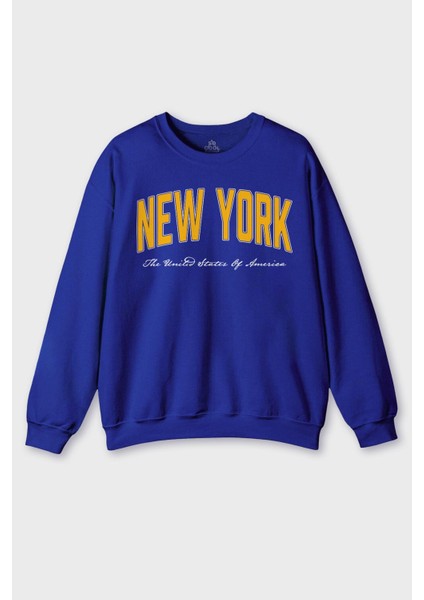 Bisiklet Yaka Sweatshirt New York Yazılı America Şehir Baskılı Mavi Sweat