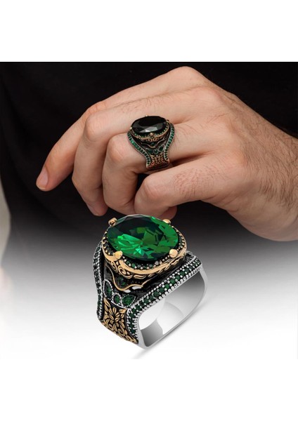 Yeşil Taşlı Oval 925 Gümüş Erkek Yüzük