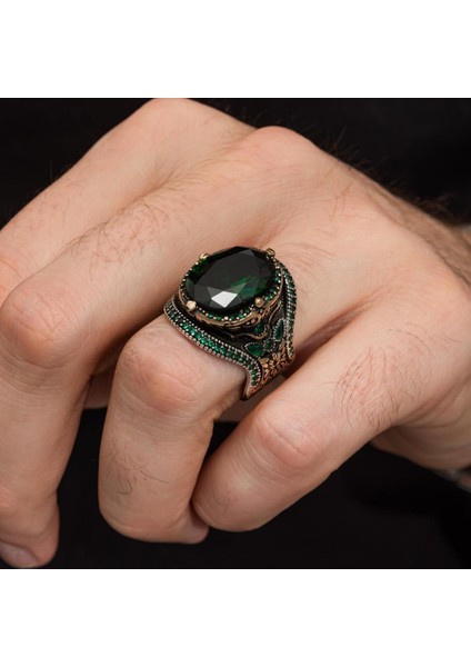 Yeşil Taşlı Oval 925 Gümüş Erkek Yüzük modelleri