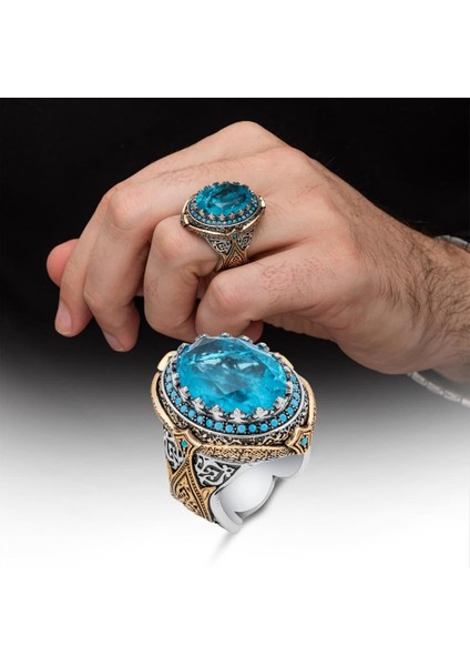 Mavi Paraiba Taşlı Zorbey 925 Gümüş Erkek Yüzük