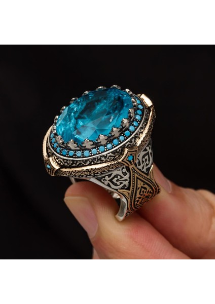 Mavi Paraiba Taşlı Zorbey 925 Gümüş Erkek Yüzük modelleri