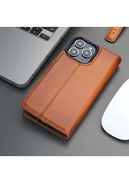 Casper iPhone 16 Pro Kılıf - El Yapımı Hakiki Deri - Manyetik Ayrılabilen Cüzdanlı Kılıf - Rustik Taba