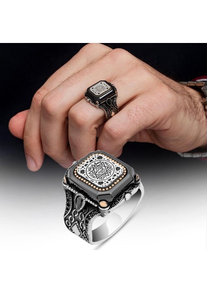 Süleyman Mührü Kare Desenli 925 Gümüş Erkek Yüzük