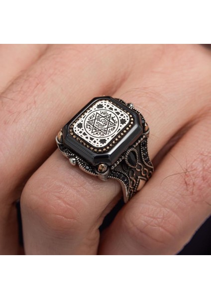 Süleyman Mührü Kare Desenli 925 Gümüş Erkek Yüzük modelleri