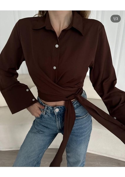 Kadın Trend Yeni Sezon Tesettüre Uygun Önden Bağlamalı Geniş Kol Gömlek Bluz
