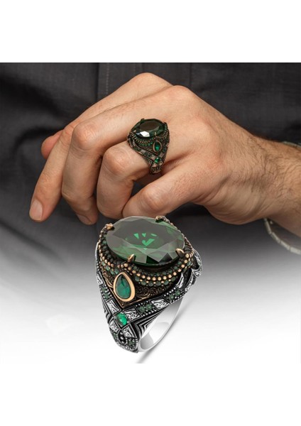 Oval Yeşil Taşlı 925 Gümüş Erkek Yüzük