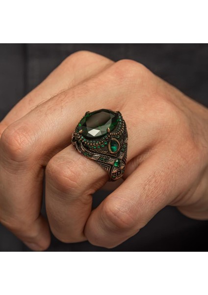 Oval Yeşil Taşlı 925 Gümüş Erkek Yüzük fırsatları