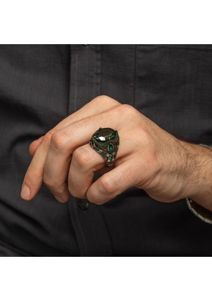 Oval Yeşil Taşlı 925 Gümüş Erkek Yüzük indirimleri