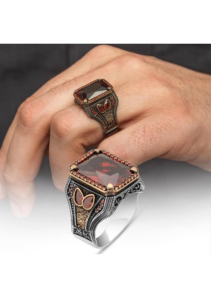 Kırmızı Taşlı 925 Gümüş Erkek Yüzük