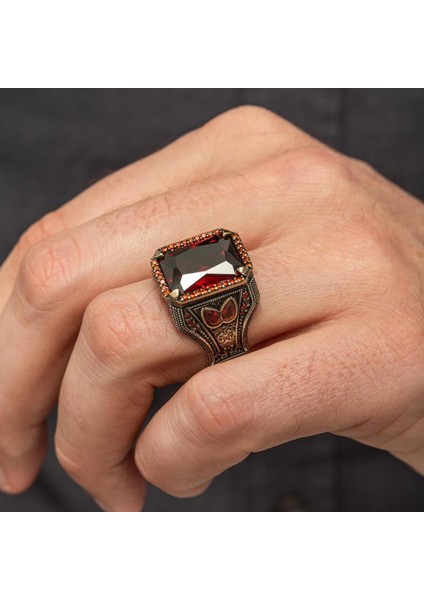 Kırmızı Taşlı 925 Gümüş Erkek Yüzük indirimleri