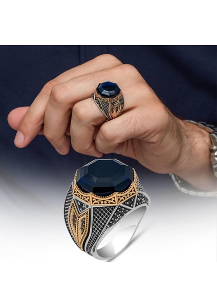Parlament Mavi Taşlı Sekizgen Zorbey Serisi 925 Gümüş Erkek Yüzük