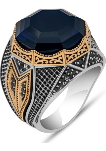 Parlament Mavi Taşlı Sekizgen Zorbey Serisi 925 Gümüş Erkek Yüzük fiyatları