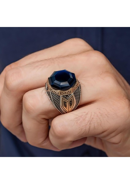 Parlament Mavi Taşlı Sekizgen Zorbey Serisi 925 Gümüş Erkek Yüzük modelleri