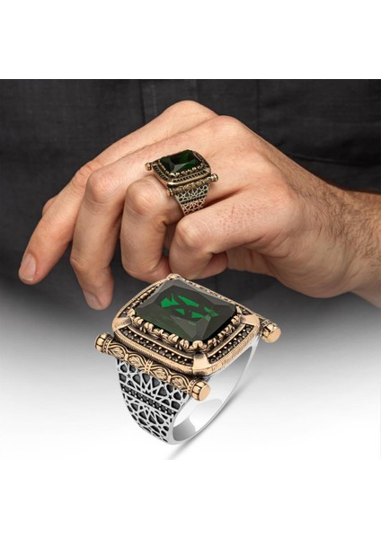 Kare Yeşil Taşlı 925 Gümüş Erkek Yüzük