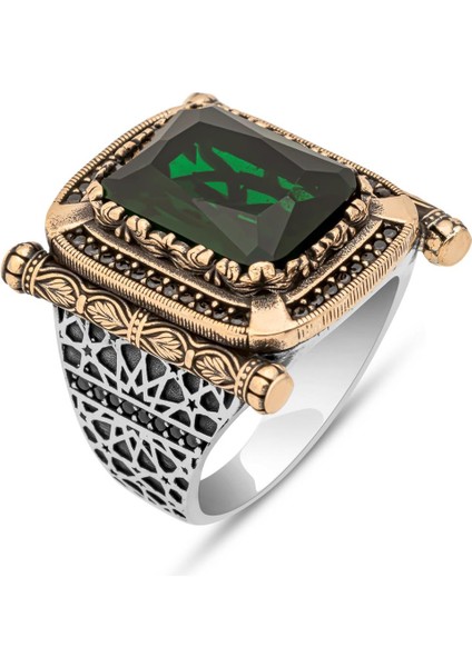 Kare Yeşil Taşlı 925 Gümüş Erkek Yüzük fiyatları