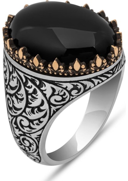 Siyah Oniks Taşlı Oyma Motifli 925 Gümüş Yüzük fiyatları