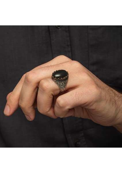 Siyah Oniks Taşlı Oyma Motifli 925 Gümüş Yüzük fırsatları