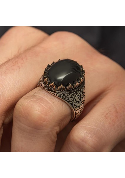 Siyah Oniks Taşlı Oyma Motifli 925 Gümüş Yüzük indirimleri