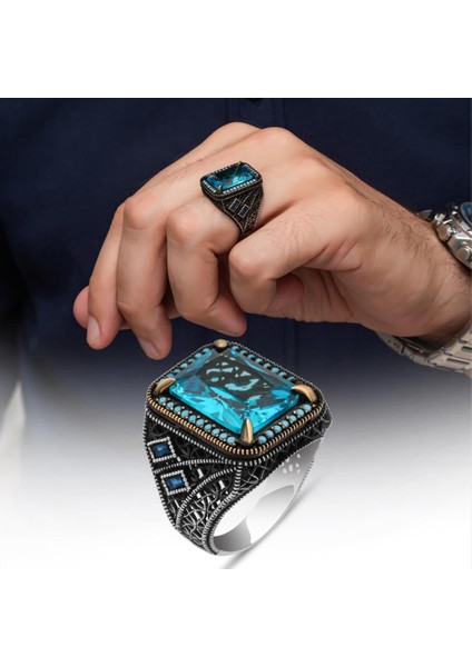 Aqua Mavi Taşlı 925 Gümüş Erkek Yüzük
