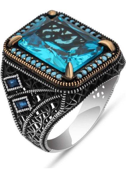 Aqua Mavi Taşlı 925 Gümüş Erkek Yüzük fiyatları