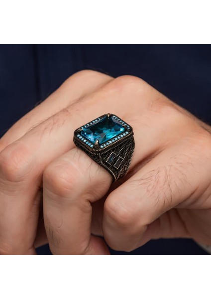 Aqua Mavi Taşlı 925 Gümüş Erkek Yüzük modelleri